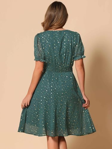 Image of Allegra K Party Midi Dress for Women Ruffle Short Sleeve Elastic Waist A-Line Metallic Star Dresses