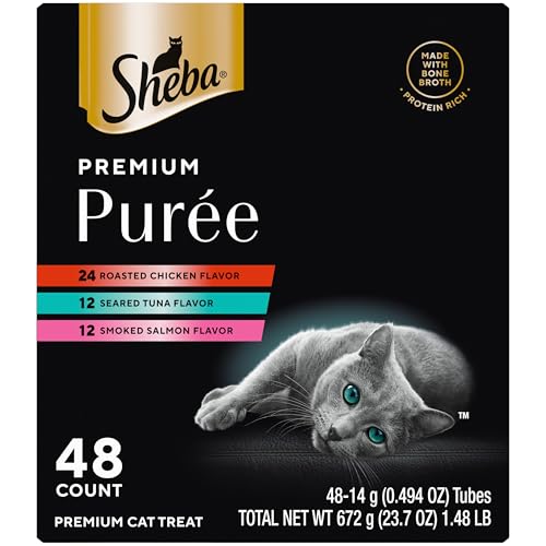 Sheba Premium Puree Cat Treats Lickable Roasted Chicken Flavor Smoked Salmon Flavor and Seared Tuna Flavor 0.49 oz. Tubes 48 Count