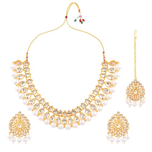 Efulgenz Kundan Necklace Indian Jewelry Kundan Crystal Faux Pearl Necklace Set Bollywood Wedding Choker Necklace Earrings Maang Tikka Bridal Set for Women