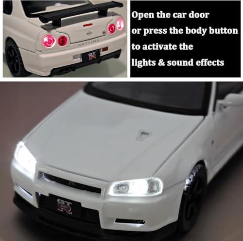 Image of 1:24 Scale Nissaan Skyline R-34 Model Alloy Metal Pull Back Toy car for Kids with Openable Doors & Light, Music Toy Vehicle for Kids(1:24 Nissaan Skyline R-34 (White))