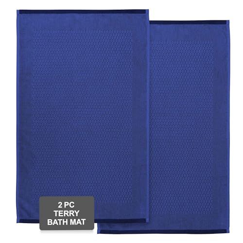 Weave Essentials Terry Bath Mat - 100% Combed Cotton, 50 x 80 cm Luxury Plush Premium Quality Quick Dry Bath Shower Matt, High Absorbent & Machine Washable Bathroom Mat | Pack of 2 (Navy Blue)