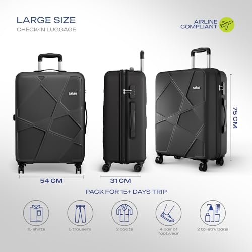 Image of Safari Pentagon Pro 8 Wheels Checkin Trolley Bag, Hard Case Polypropylene 360º Wheeling Luggage for Men & Women, Travel Suitcase, Trolley Bags, Black, Large 75Cm Size| Spinner Wheel