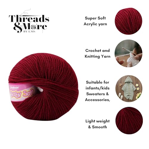 Image of Vardhman Baby Soft Yarn Pack of 6 - 4-Ply Acrylic Wool 150g Total | Soft Yarn for Knitting & Crocheting Baby Blankets, Sweaters, Toys & Accessories | 86m per 25g Ball (1, Maroon)