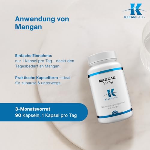 Klean Labs - Mangan 11mg - 90 Kapseln - vegan, ohne Gentechnik, ohne unerwünschte Zusätze - für einen normalen Energiestoffwechsel