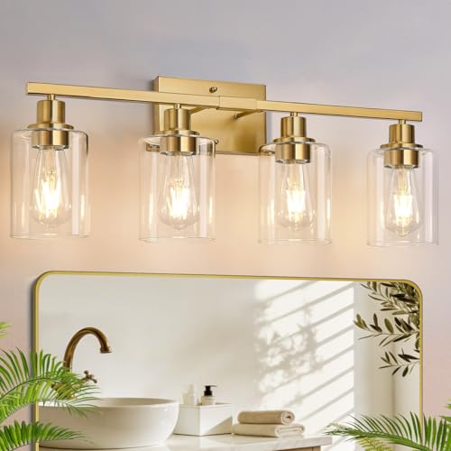 Image of MOKATNG 4-Light Bathroom Light Fixtures, Vanity Light with Clear Glass Shades, Brushed Gold Bathroom Light Fixtures Over Mirror, Modern Bathroom Wall Lamp for Mirror Living Room Cabinet Bedroom