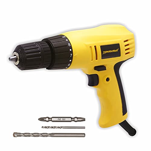 Image of TOMAHAWK T8646 300W 10mm Electric Screwdriver Drill with 3 Bits - Reversible Corded Drill Machine for Home DIY Use, Variable Torque and Speed (Max Chuck Size: 0.393 Inches, Yellow and Black)