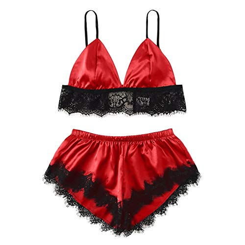 Two Piece Sexy Lace Silk Pajama Lingerie for Women for Sex Naughty Play Plus Size Teddy Babydoll Bodysuit Nightgown Underwear PajamasA663 Red