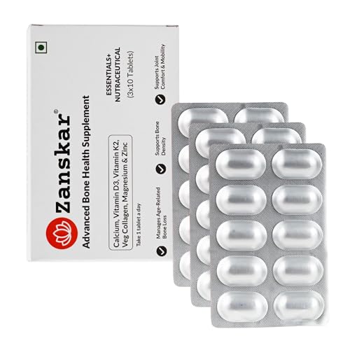Image of Zanskar Advanced Bone Health Tablet (30 Tablets) | Calcium, Vitamin D3, Vitamin K2, Collagen, Magnesium & Zinc (1200mg) | 100% Veg | Bone Health and Joint Support