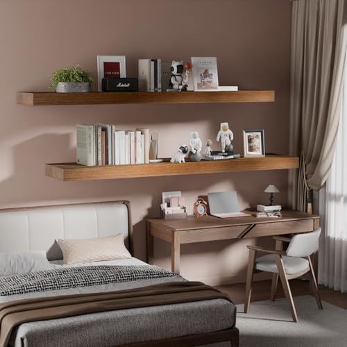 Image of IAE Walnut Floating Wall Shelves 55 inch, Bathroom Shelves Wall Mounted,Invisible Shelves Floating Kitchen Shelves,Wooden Wall Shelves with Brackets for Living Room Wall Mounted,Easy Install,Set of 2