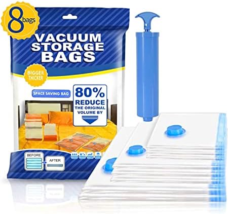 Vacuum Storage Bags - Pack of 8 (2 extra large, 2 large, 2 medium, 2 small + travel hand pump) Save 80% More Storage! Reusable Zip Seal Space Saver vacuum Bags with Travel Hand Pump