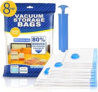 Vacuum Storage Bags - Pack of 8 (2 extra large, 2 large, 2 medium, 2 small + travel hand pump) Save 80% More Storage! Reusable Zip Seal Space Saver vacuum Bags with Travel Hand Pump