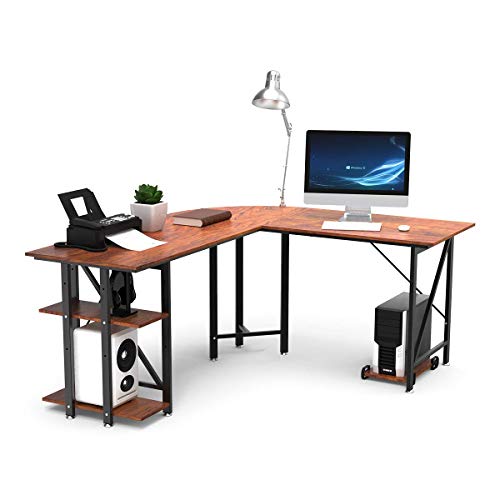 DEWEL L-Shaped Desk, Modern Brown Wooden Gaming Computer Desk, 66.92
