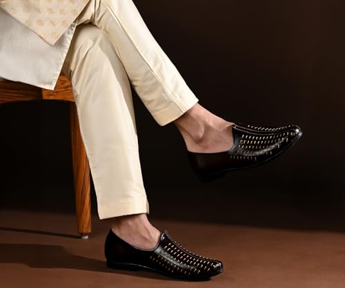 Image of LOUIS STITCH Men's Ethnic Slip On Striped Mojaris | Stylish Nagra Juti for Men | Lightweight and Comfortable Stylish Jutis and Mojaris for Kurta Pajama | LSAXNGMS