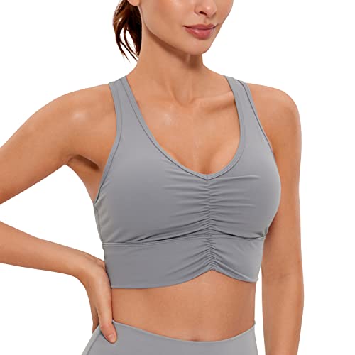 CRZ YOGA Womens Ulti-Dry Ruched V-Neck Longline Sports Bra - Racerback Padded Low Cut Yoga Bra Crop Tank Top