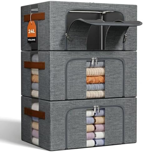 NiuBeBe Kleidung Aufbewahrungstasche Faltbar Metallrahmen: Stapelbare 3x24L | Aufbewahrungsbox mit Deckel für Kleiderschrank Organizer Storage Pullover T-Shirts Seasonal Storage (G