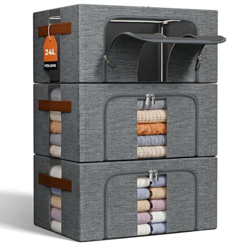 NiuBeBe Kleidung Aufbewahrungstasche Faltbar Metallrahmen: Stapelbare Aufbewahrungsbox mit Deckel für Kleiderschrank Organizer Storage Pullover T-Shirts Bettwäsche (Grau 3x24L)