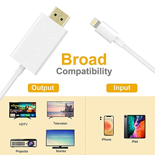 [Apple Mfi Certified] Lightning To Hdmi Digital Av Adapter, 5 Ft Hdtv Cable Compatible With Iphone, Ipad, Ipod 1080P Digital Av Sync Screen Connector On Hdtv Monitor Projector-No Need Power Supply #TOP5