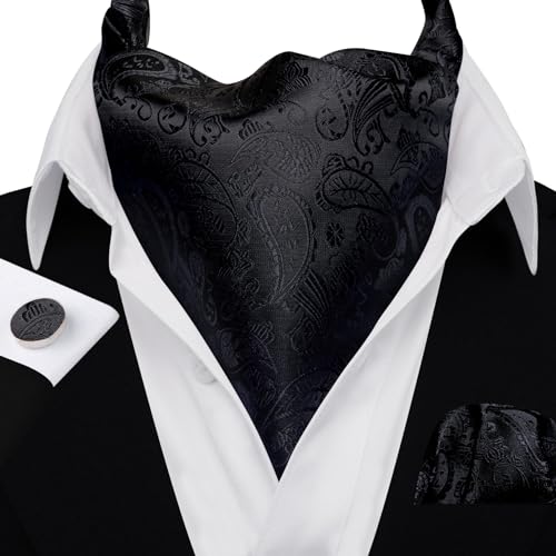 Image of Barry.Wang Ascot Ties Cravat Tie Men Paisley Plaid Scarf Self Tie Pocket Square Cufflinks Set Wedding Party