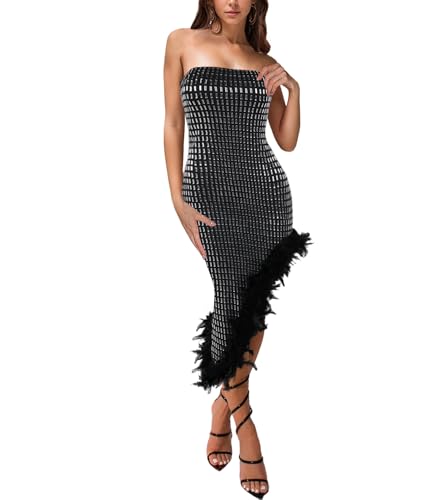 Image of Jigfar Women Sexy Elegant Rhinestone Mesh See Through Party Club Night Split Bodycon Formal Maxi Dress