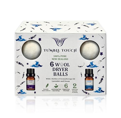 TUMBLE TOUCH 6 XL Wool Dryer Balls - 2 Essential Oils Gift Box Set. Natural Fabric Softener. Better Alternative to Sheets, Plastic Balls & Liquid Softener. Reduce Clothing Wrinkles & Saves Drying Time