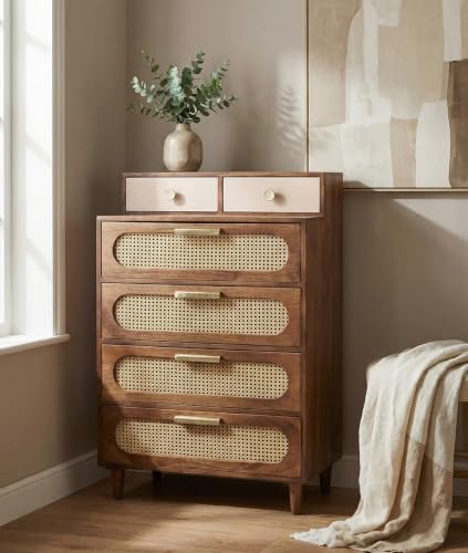 Image of Space Galaxy Solid Sheesham Wood Chest of Drawer with Cane Rattan Fronts | 6 Drawer Tall Storage Cabinet & Closet Organizer | Bedroom, Living Room & Home Furniture | Natural Finish