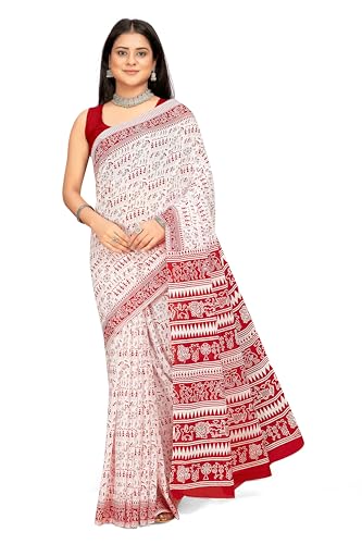 Image of TAMAIRA FASHION Mulmul Pure Cotton Saree For Woman Warli Printed|Office Wear Daily Wear Sarees For Women Without Blouse Piece(Available in 19 Colours)