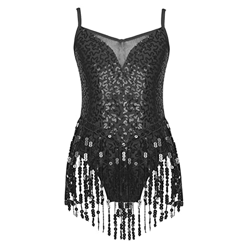 easyforever Girls Ballroom Samba Tango Latin Dance Costume Sequin Tassel Professional Competition Stage Dance Dress Black 14 Years