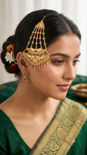 Image of Gold Plated Maang tikka Matha Patti Jhoomar Passa For Women Beautiful gold passa gold jhumar side Maangtika for bridal look