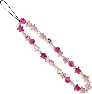 Smiley-Face-Beaded-Phone-Lanyard-Wrist-StrapRainbow-Clay-Beads-Pearl-Car-Key-Camera-Decoration-Brace