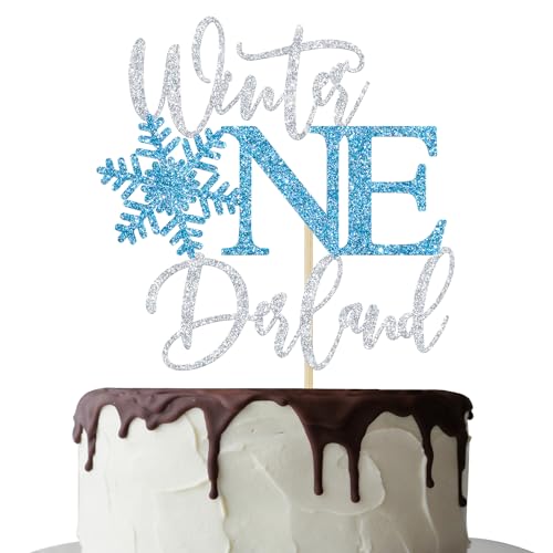 Onederland Cake Topper, 1st Birthday Boy Decorations, Baby Shower, Snowflake First Birthday Party Decorations - Blue Glitter