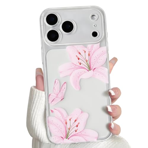 NITITOP Compatible for iPhone 17 Pro Max Case Clear Cute Butterfly Lily Flower Floral Pattern for Women Girls Full Camera Lens Clear Slim Shockproof Protective Phone Cover - Pink