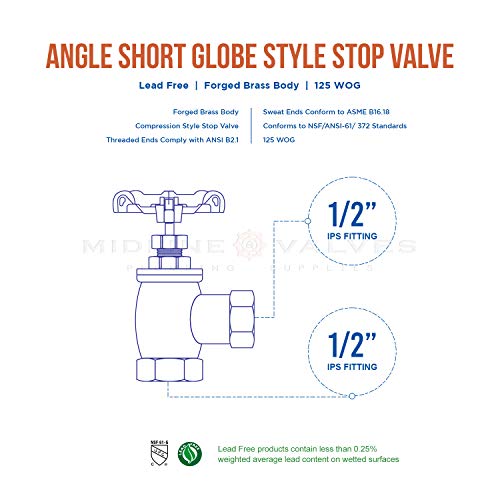 Midline Valve 96344 Globe Style Angle Stop Valve, Lead-Free 1/2 in. FIP Connections, Brass - Image 5