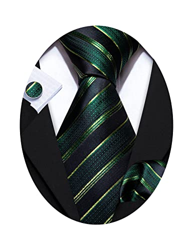 Barry.Wang Hunter Green Tie Sets for Men Silk Stripe Necktie Woven Checkered Handkerchief Cufflinks Formal Business Wedding
