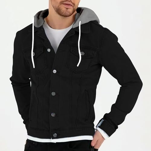 Men's Fashion Button Down Jean Jacket Hooded Long Sleeve Denim Jackets Slim Fit Trucker Jean Coat3