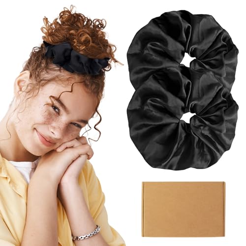 Annauiy 2 Piezas XXL Coleteros Pelo Mujer-10CM Jumbo Satén de Borde Ancho para el pelo Grueso o Fino,Gomas de pelo para mujer y niña,Negro