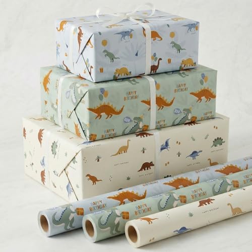 ZICOTO Beautiful Happy Birthday Wrapping Paper Roll Set for Boys - Cute Set of 3 Quality Rolls With Dinosaurs Design - Add a Touch of Magic to Every Kids & Baby Gift You Wrap - 17 x 120 in