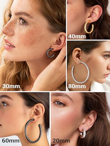 Image of Stainless Steel Chunky Hoop Earrings For Women, Minimalist and Chic, Black /Gold Plated, Round Hoops Earrings Hypoallergenic, Size: 30mm /40mm /60mm /80mm, Come with Box