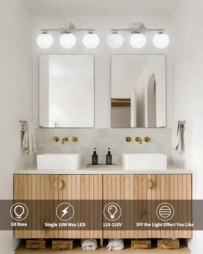 Image of foucasal Brushed Nickel Bathroom Light Fixtures Globe Vanity Light with Plastic Milk White Globe Shades 3-Light Wall Sconce Lighting above Mirror Vanity Lights for Bathroom Bedroom Hallway Living Room