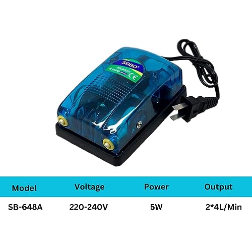 Image of VAYINATO Sobo (Sb-648A) Energy Saving Design Air Pump for Aquarium Fish Tank with Free 3 Meter Air Tube, 2 Air Stone and 2 Check Valve, Double Outlet, Power : 5W, Output : 2 * 4L /Min