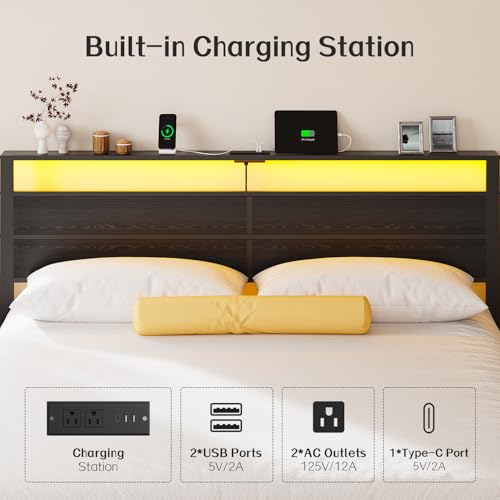 Image of Liians Black King Size Bed Frame with LED Lights and Charging Station, King Size Platform Bed with Metal Slats and Wood Headboard, No Box Spring Needed