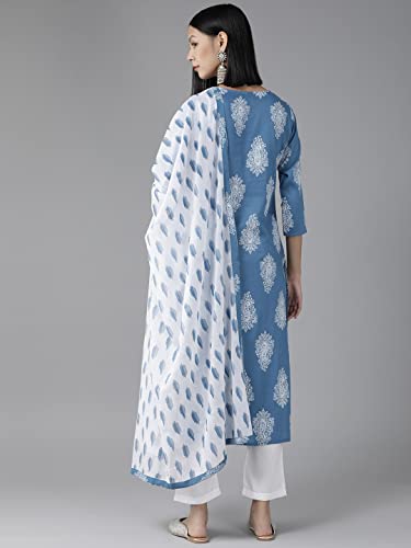 Image of YUFTA Women Sky Blue Floral Straight Kurta Trousers And Dupatta Set (1111SKDSB )