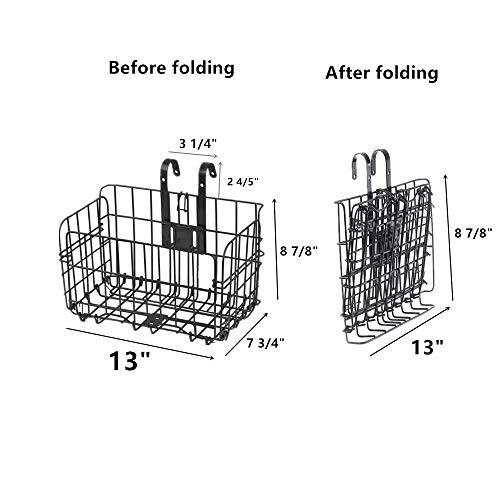 XIZHI Folding Bike Basket, Portable Bike Basket,Rust Proof Removable Bike Wire Basket Easy Installation Front&Rear Hanging Bike Basket Bicycle Bag Cargo Rack(Black) - Thumbnail 2