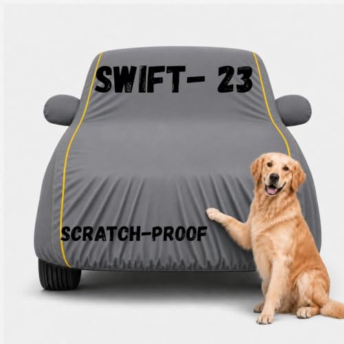 Image of Waterproof Car Cover for Swift 2018-23 | Soft Cotton Lining Heavy Duty Triple Stitched Heat Resistant Outdoor Cover Comes with Mirror and Antenna Pocket Full Bottom Elastic (Grey)