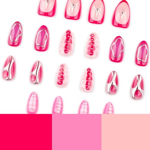 Image of Pink Press on Nails Silver Line Fake Nails with Alligator Print Design Short Almond False Nail Star Glue on Nails Glossy Full Cover Artificial Acrylic Stick on Nail for Women Manicure 24Pcs