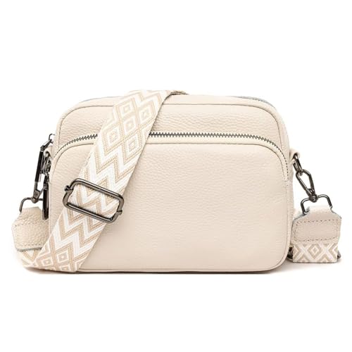 Efilra Crossbody Bag for Women Small Leather Camera Purse Thick Strap Cross-body Bags Triple Zip Shoulder Bag with Guitar Strap C-beige Camera Crossbody Bag