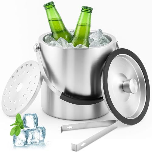 Druuzyl 1,6L Eiswürfelbehälter Edelstahl mit luftdichtem Deckel Sieb und Eiszange, Eiseimer Edelstahl, Doppelwandig Isolierter Flaschenkühler, Tragbarer Eiskübel zum Kühlen von Bier Champagner Wein Druuzyl 1,6L Eiswürfelbehälter Edelstahl mit luftdichtem Deckel Sieb und Eiszange, Eiseimer Edelstahl, Doppelwandig Isolierter Flaschenkühler, Tragbarer Eiskübel zum Kühlen von Bier Champagner Wein