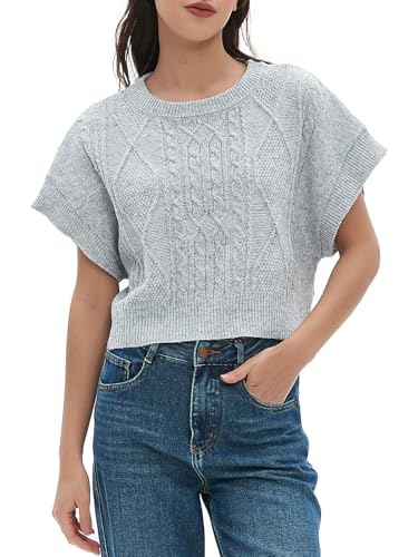 Women Sweater Vest Crewneck Trendy Cap Sleeve Crop Knit Vests Casual Loose Fit Lightweight Tops