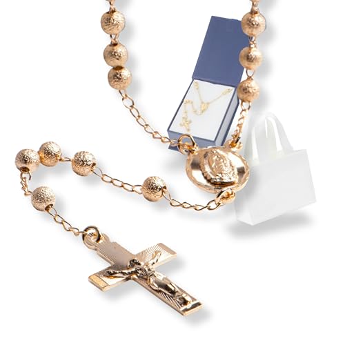 ADALUNA Virgen Guadalupe Rosary 14k Gold laminated, Jesus Christ cross, Virgin Mary Y necklace, Mexico Religious Catholic Jewelry Prayer Beads, Baptism Wedding First communion godfather godmother