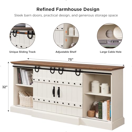 OKD-75-Farmhouse-TV-Stand-for-TVs-Up-to-85-Inches-Large-Rustic-Entertainment-Center-with-Sliding-Barn-Door-Tall-Highboy-Media-Console-Table-with-Storage-Cabinet-for-Living-Room-Antique-White OKD 75 Farmhouse TV Stand for TVs Up to 85 Inches Large Rustic Entertainment Center with Sliding Barn Door Tall Highboy Media Console Table with Storage Cabinet for Living Room Antique White