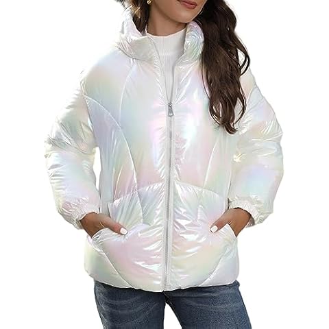 Tazeap Women's Cropped Puffer Jacket Holographic Shiny Padded Quilted Coat Waterproof Warm Hooded Zip Fancy Outwear White Cover